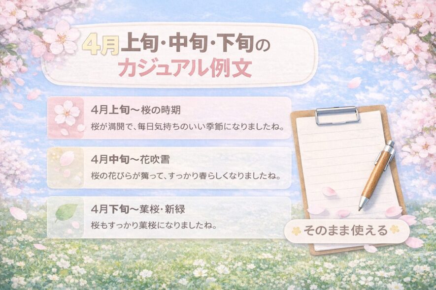 4月上旬・中旬・下旬のカジュアル例文