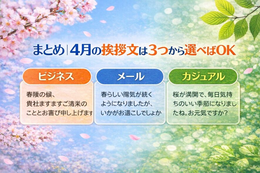 まとめ|4月の挨拶文は3つから選べばOK