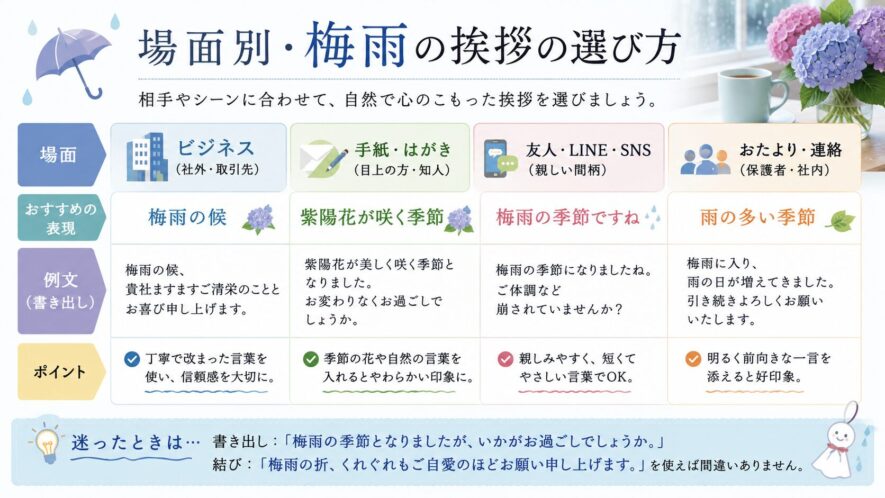 場面別・梅雨の挨拶の選び方